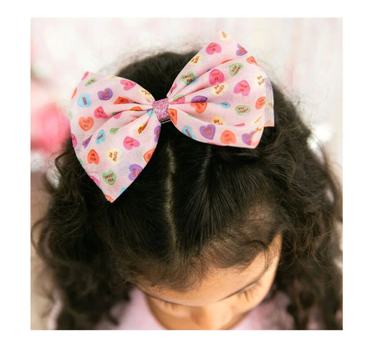 Candy Hearts Valentine's Day Tulle Bow Clip - Kids Hair Clip
