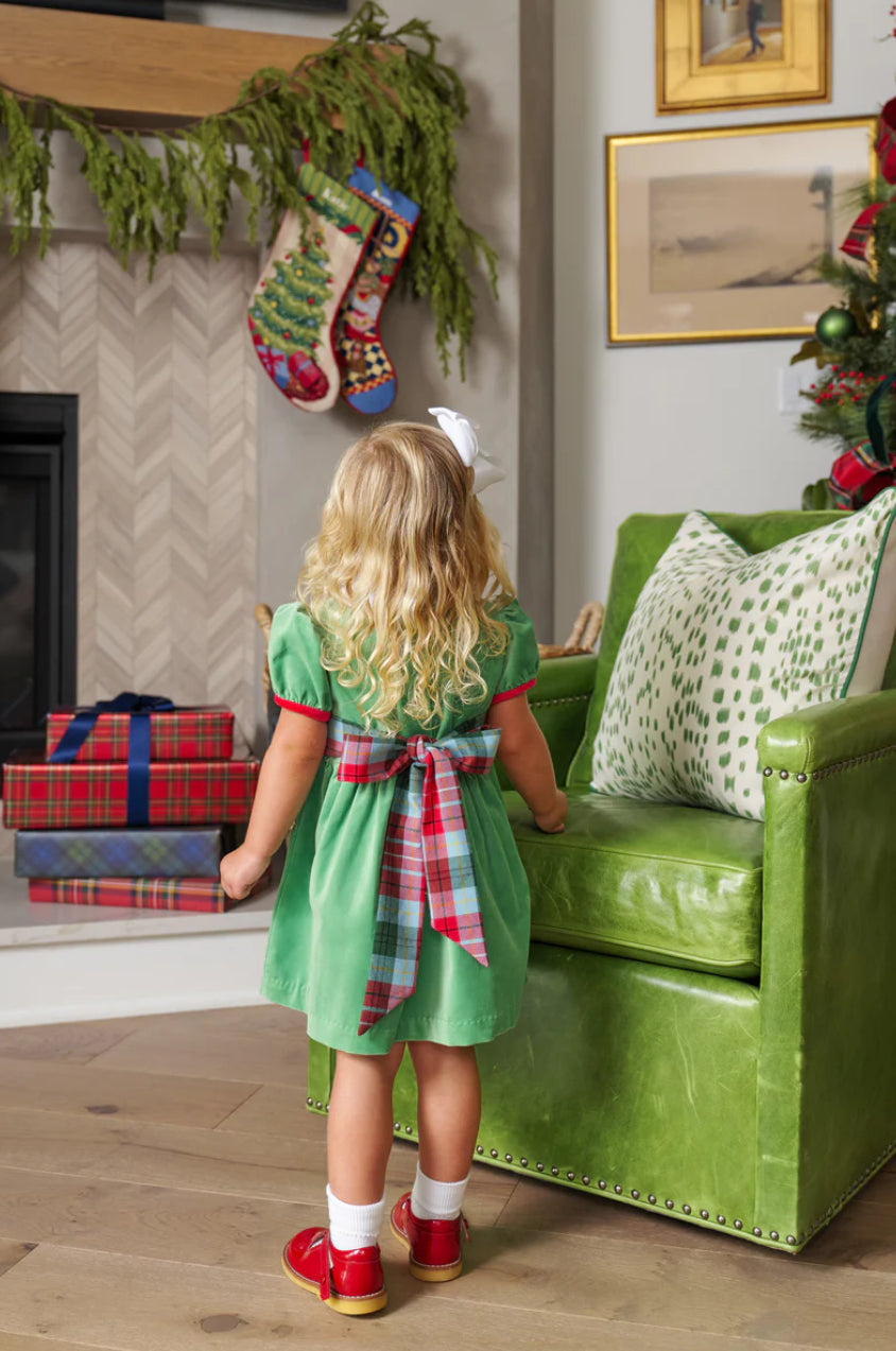 Cindy Lou Sash Dress - Velveteen Kiawah Kelly Green/Worth Ave White/Wilson Pier Plaid/Richmond Red