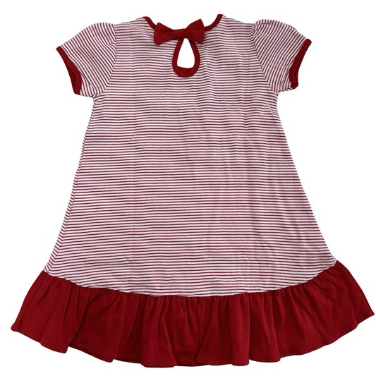 GO TEAM! Cheerleader Short Sleeve Dress Red/White Stripe w/ Key Hole/Bow and Ruffle Trim in Red