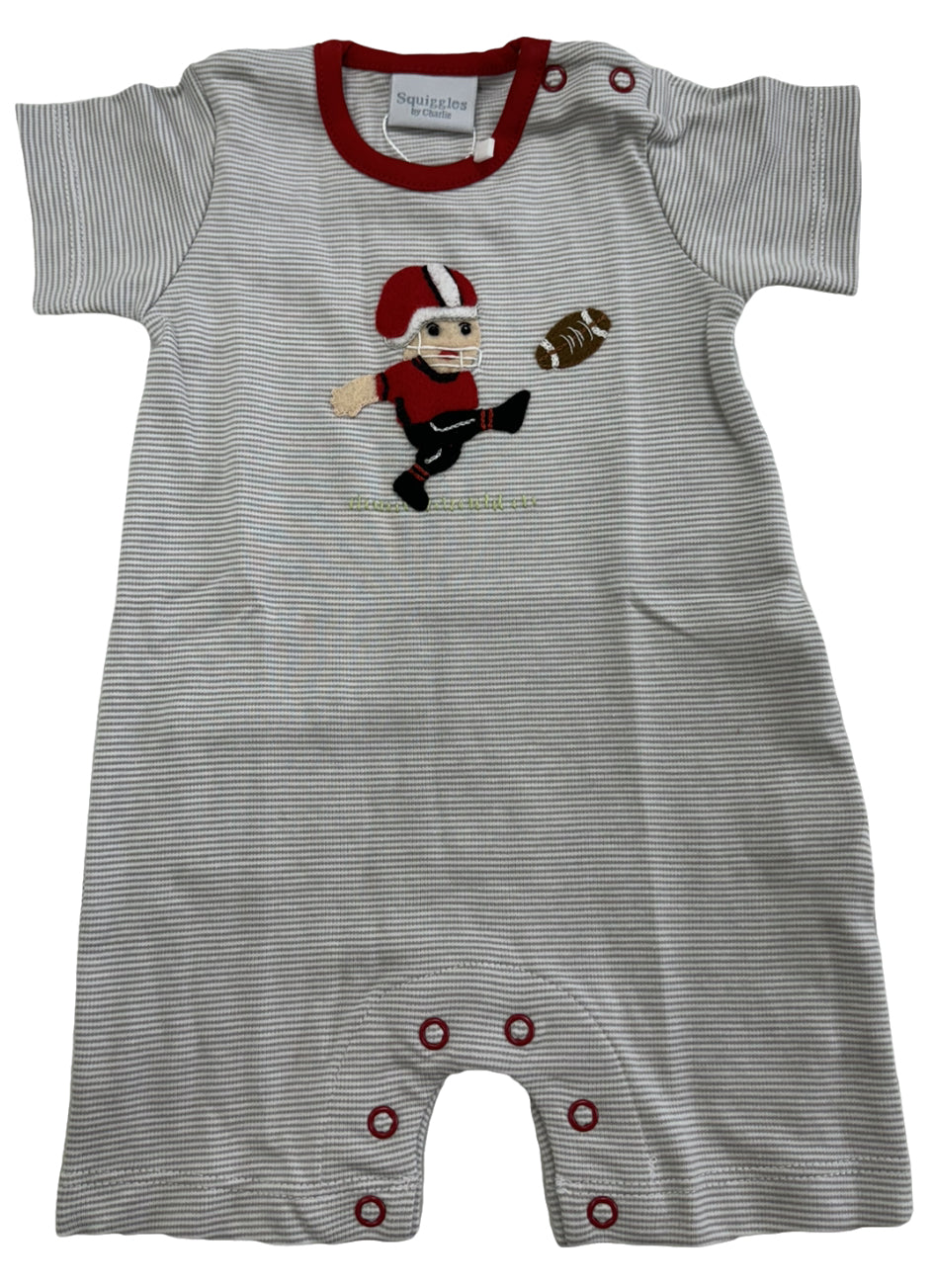 Football Kicker Romper Grey/White Stripe with Red Trim