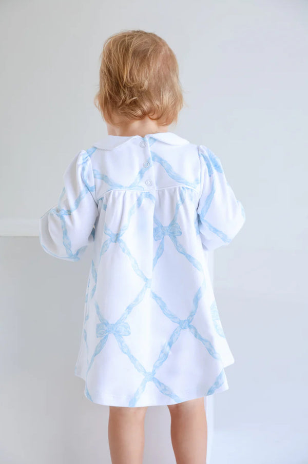 Long Sleeve Holly Day Dress Pima Buckhead Blue Belle Meade Bow/Worth Ave White