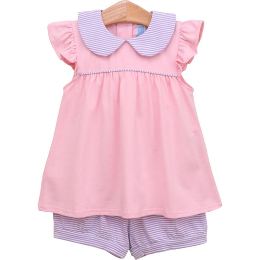 Genevieve Banded Short Set- Lavender Stripe/Light Pink