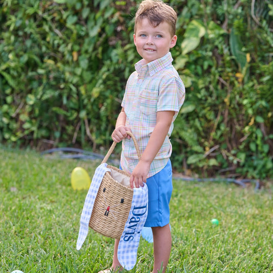 Gingham Kids Easter Basket - Easter Bunny Ears Blue Gingham