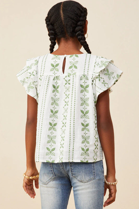 Girls Botanical Embroidered Layered Ruffle Top Green