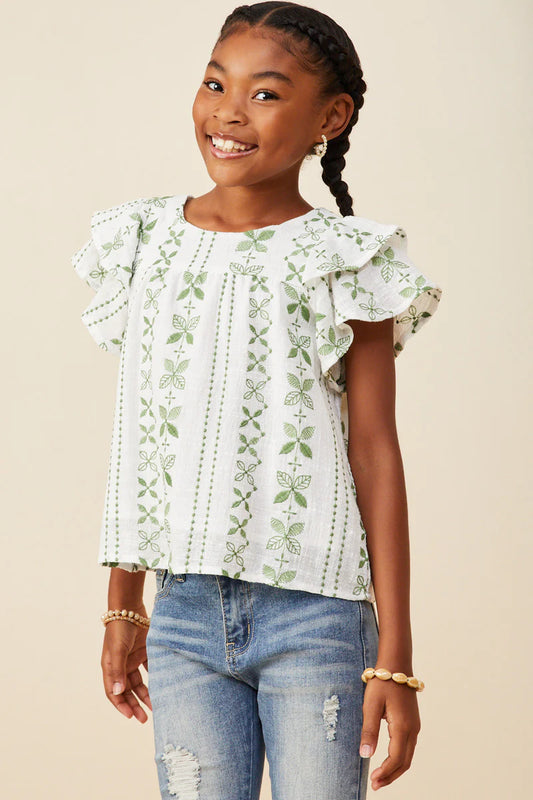 Girls Botanical Embroidered Layered Ruffle Top Green