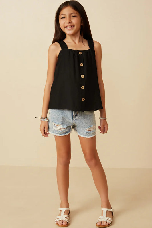 Girls Button Detail Ruffle Strap Tank Black