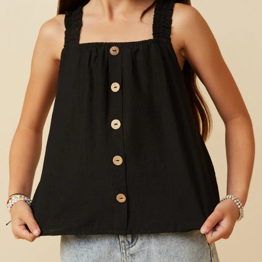 Girls Button Detail Ruffle Strap Tank Black