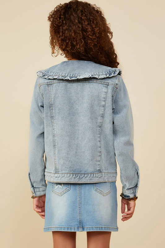 Girls Exaggerated Ruffle Collar Denim Jacket Light Denim