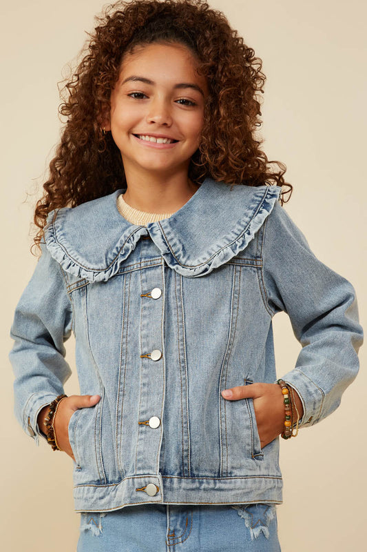 Girls Exaggerated Ruffle Collar Denim Jacket Light Denim