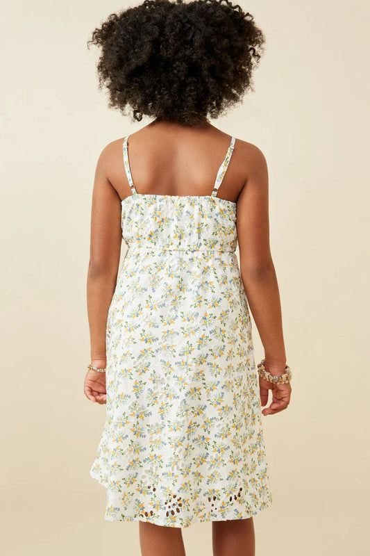 Girls Floral Printed Eyelet Tank Dress Off White