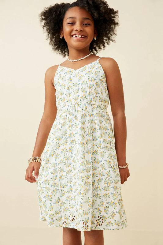 Girls Floral Printed Eyelet Tank Dress Off White