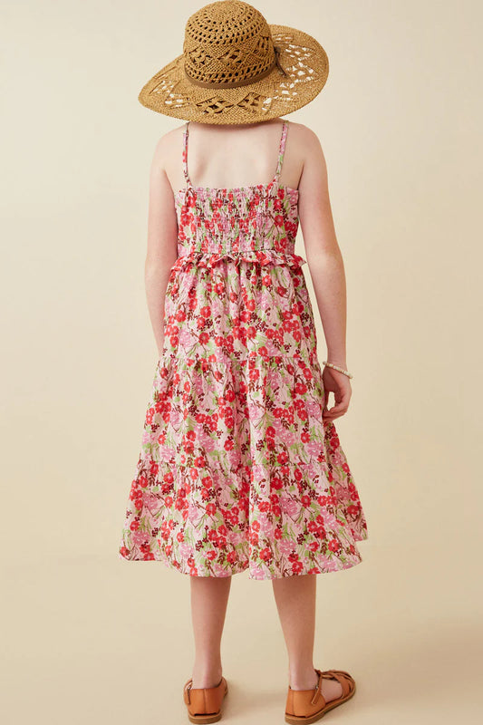 Girls Floral Ruffled Smock Back Dress Pink