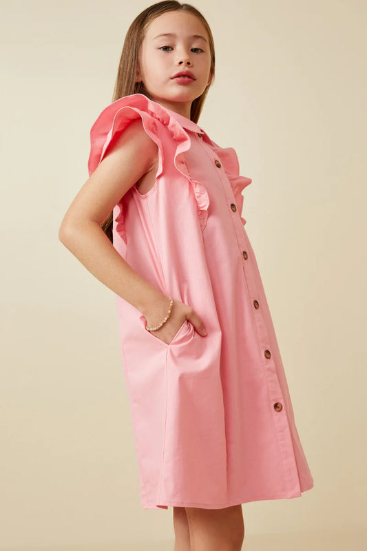 Girls Layered Ruffle Button Up Collared Dress Pink