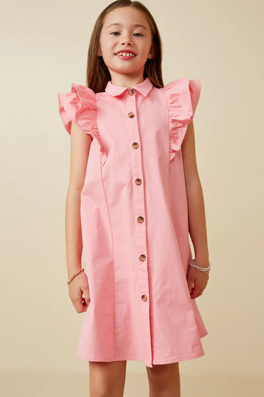 Girls Layered Ruffle Button Up Collared Dress Pink