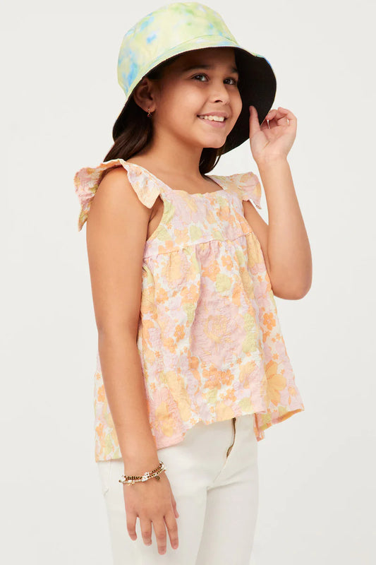 Girls Textured Floral Button Back Ruffle Tank Pink