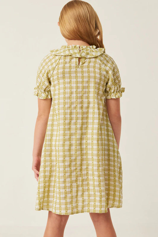 Girls Textured Gingham And Dot Bibbed Dress Sage