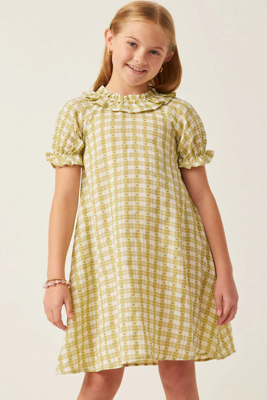 Girls Textured Gingham And Dot Bibbed Dress Sage