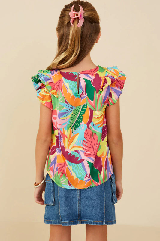 Girls Tropical Print Double Ruffled Top Purple