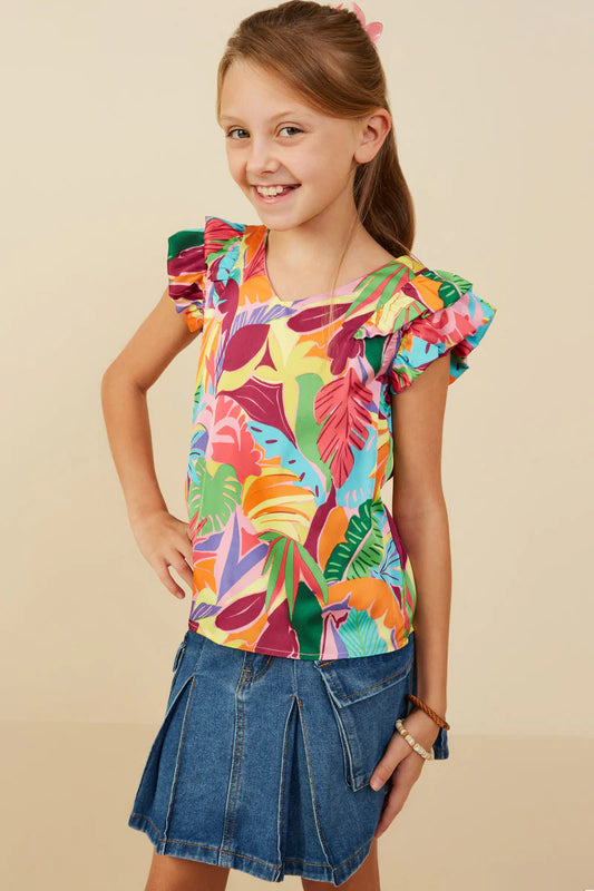 Girls Tropical Print Double Ruffled Top Purple