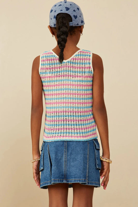 Girls Open Knit Multi Stripe Boxy Tank Pink