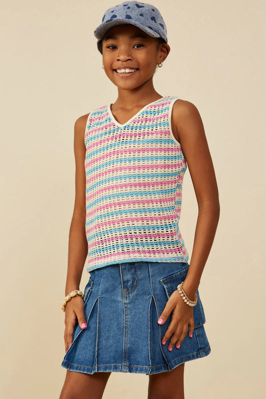 Girls Open Knit Multi Stripe Boxy Tank Pink