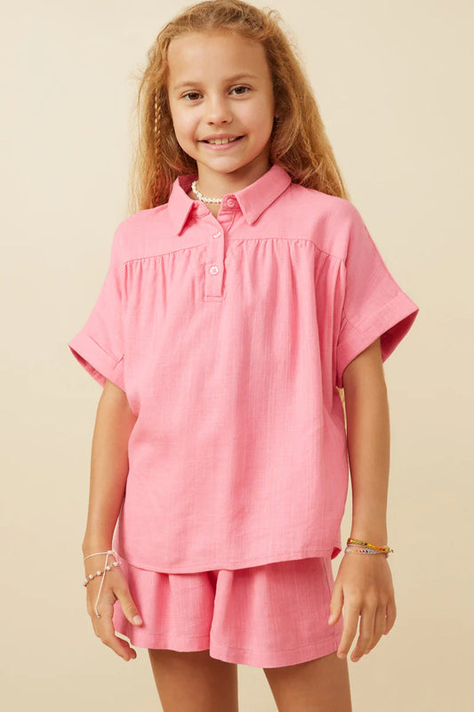 Girls Short Sleeve Collared Dolman Top Pink