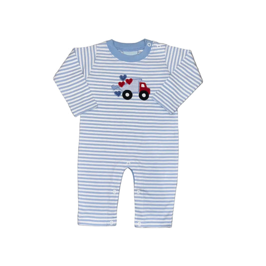 Blue and White Stripe Romper with Dump Trucks and Hearts