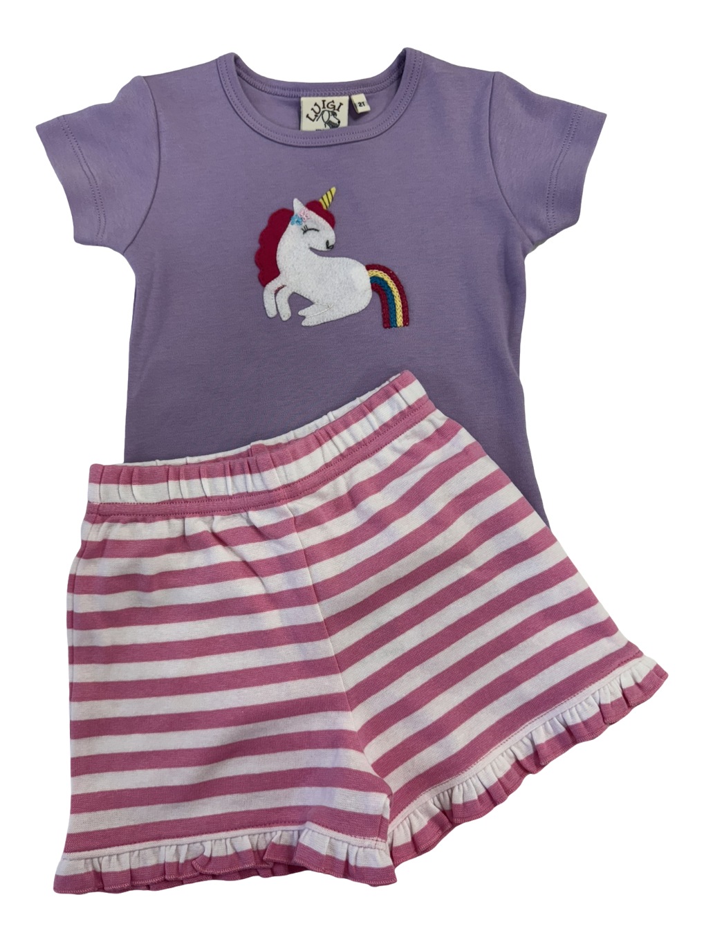 Girls Lavender T-Shirt with Unicorn and Striped Ruffle Shorts Light Bubblegum Set