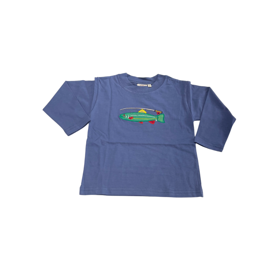 Boy Long Sleeve T Shirt with Trout with Fly Rod Slate