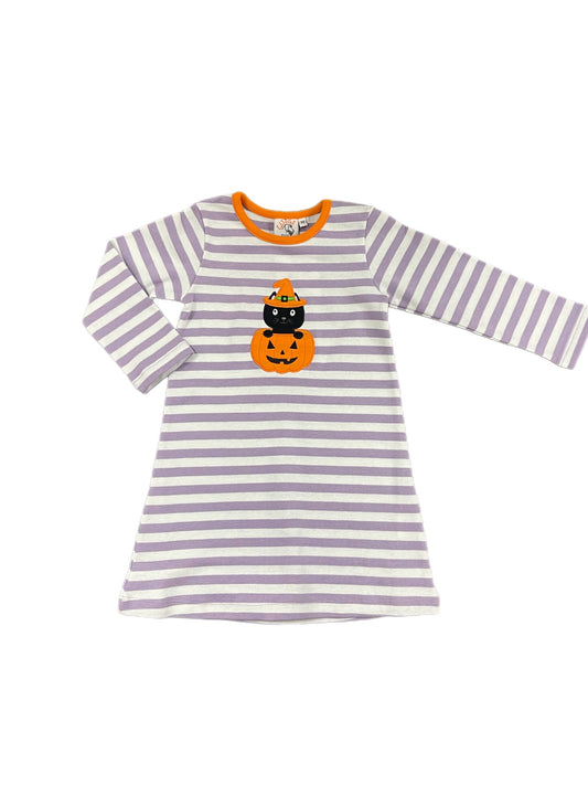 Long Sleeve Lavender and White Striped Dress with Black Cat and Pumpkin