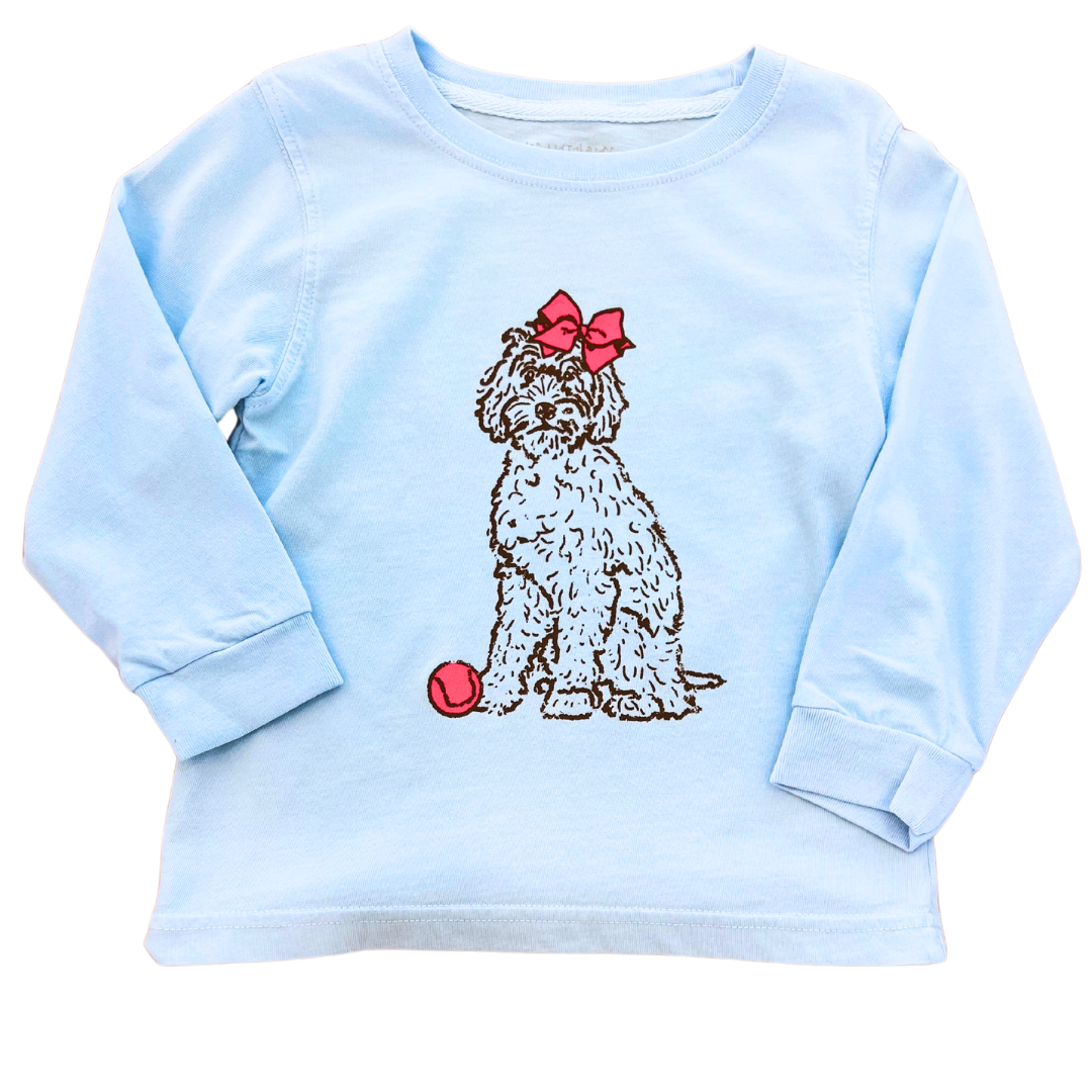 Long Sleeve Light Blue Doodle Dog with Bow T-Shirt