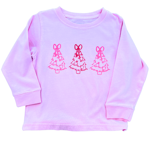 Long Sleeve Light Pink Christmas Tree Trio T-Shirt