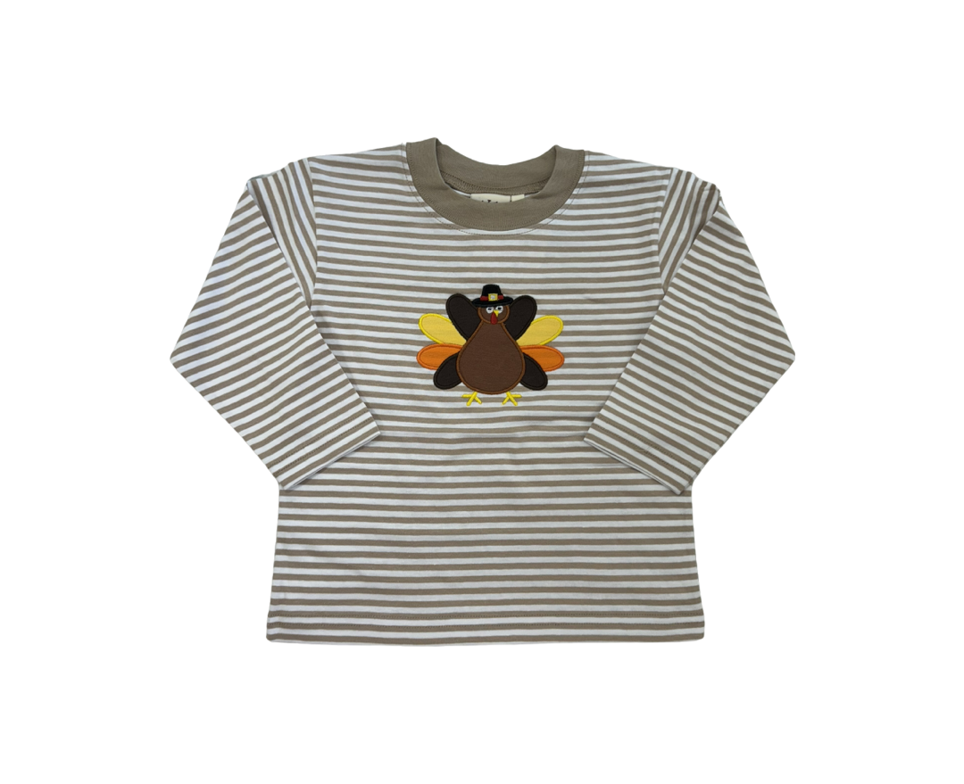 Long Sleeve Sand/White Striped T-Shirt with Turkey Pilgrim