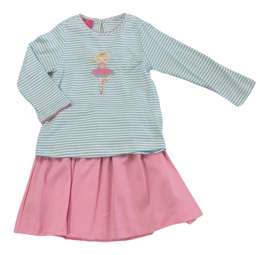 Ballerinas Aqua Knit Stripe T-Shirt Long Sleeve with Pink Knit Skirt