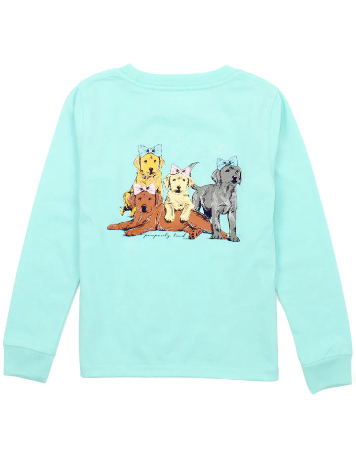 Girls Puppy Pile Long Sleeve Seafoam