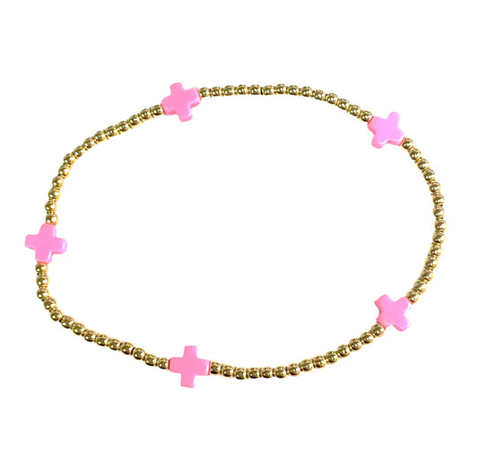 Egirl Signature Cross Small Gold Pattern 2mm Bead Bracelet Bright Pink