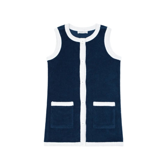 Girls Navy French Terry Sleeveless Button Down Dress