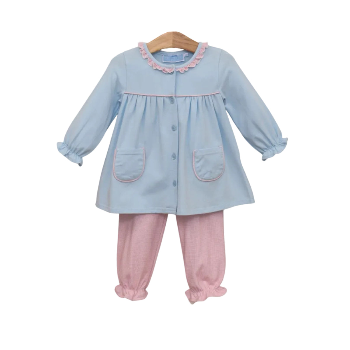 Amelia Bloomer Pant Set- Light Pink Micro gingham/Light Blue