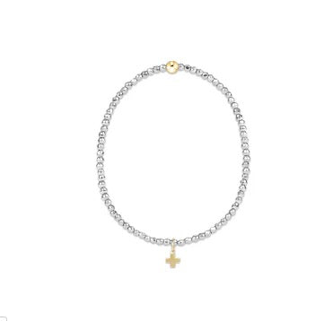 egirl Bright Silver Faceted Hematite 2mm Bead Bracelet Signature Cross Gold Charm