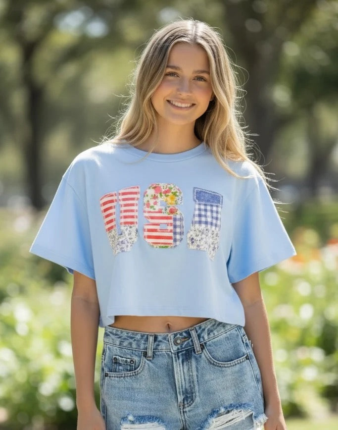 USA Patchwork Detail Cotton Short Sleeve Cropped Top