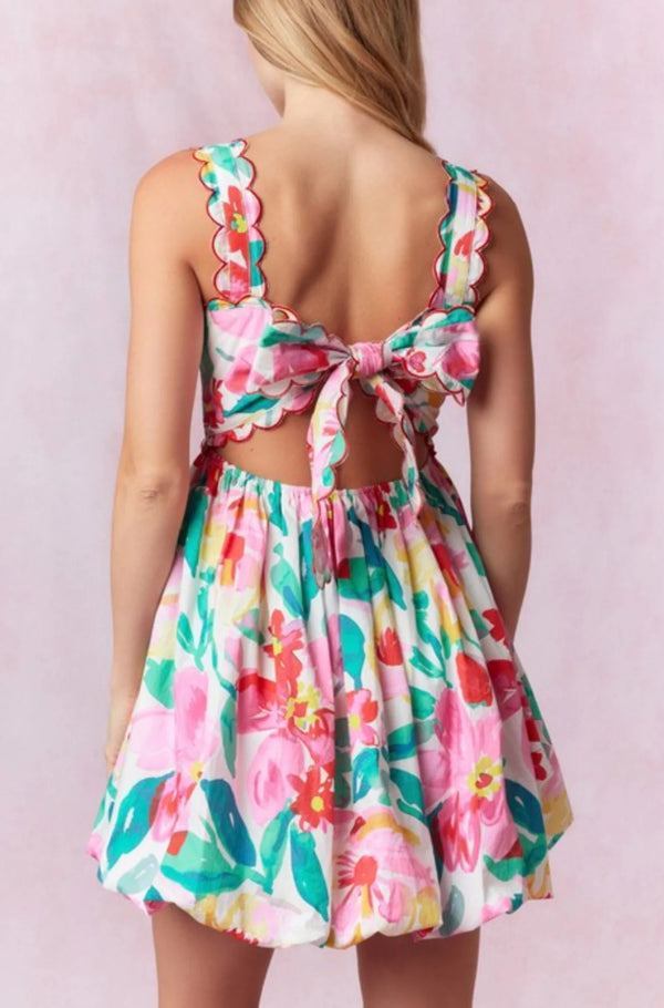 Scallop Embo Cotton Poplin Sleeveless Bubble Hem Mini Dress