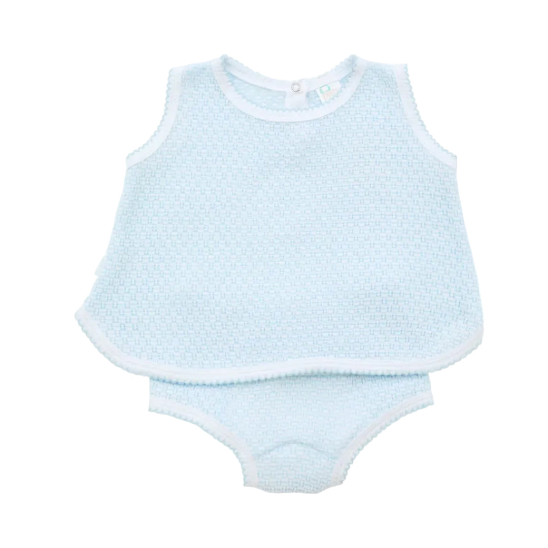 Paty Knit 2 Piece Sleeveless Diaper Set Blue w/ Blue Trim