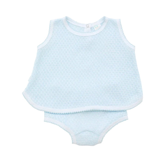 Paty Knit 2 Piece Sleeveless Diaper Set Blue w/ Blue Trim