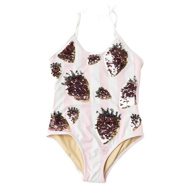 Strawberry Girls Sequin Striped One Piece Swimsuit