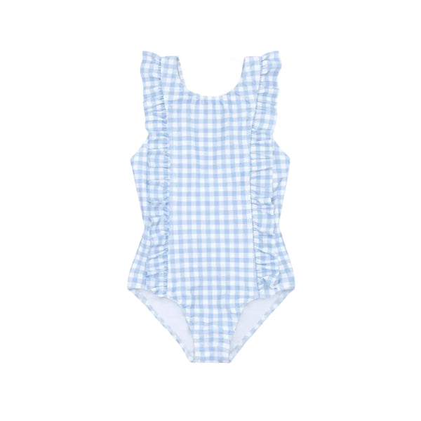 Girls Oasis Blue Gingham Ruffle One Piece