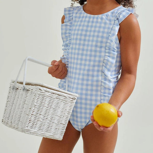Girls Oasis Blue Gingham Ruffle One Piece