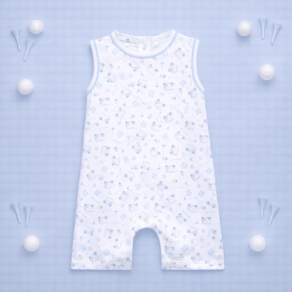 Little Golfer Print Short Playsuit- Light Blue