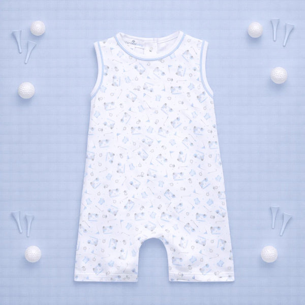 Little Golfer Print Short Playsuit- Light Blue