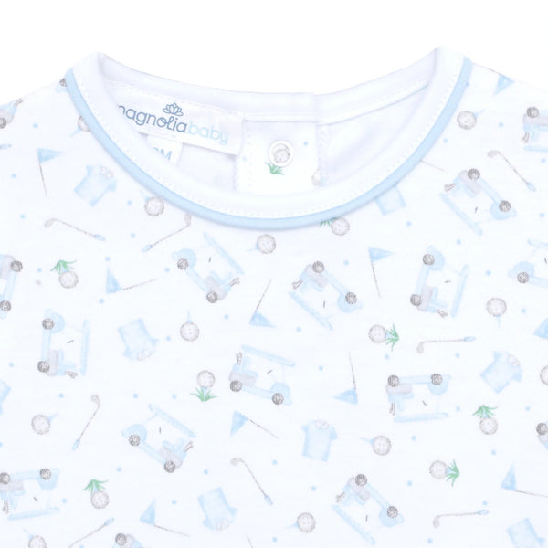 Little Golfer Print Short Playsuit- Light Blue