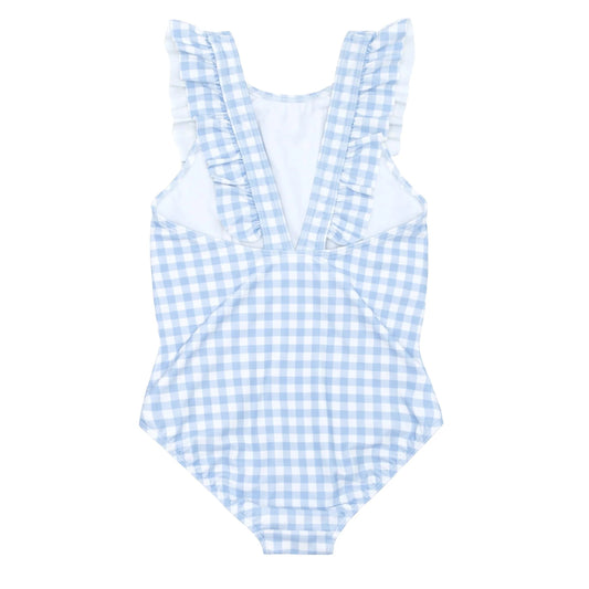 Girls Oasis Blue Gingham Ruffle One Piece